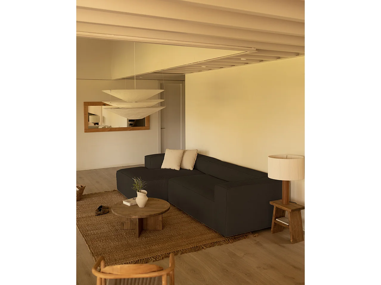 Sofá de 2 plazas con chaise longue izquierdo de pana gris oscuro 250x70x175cm - LOLA - DECOWOOD