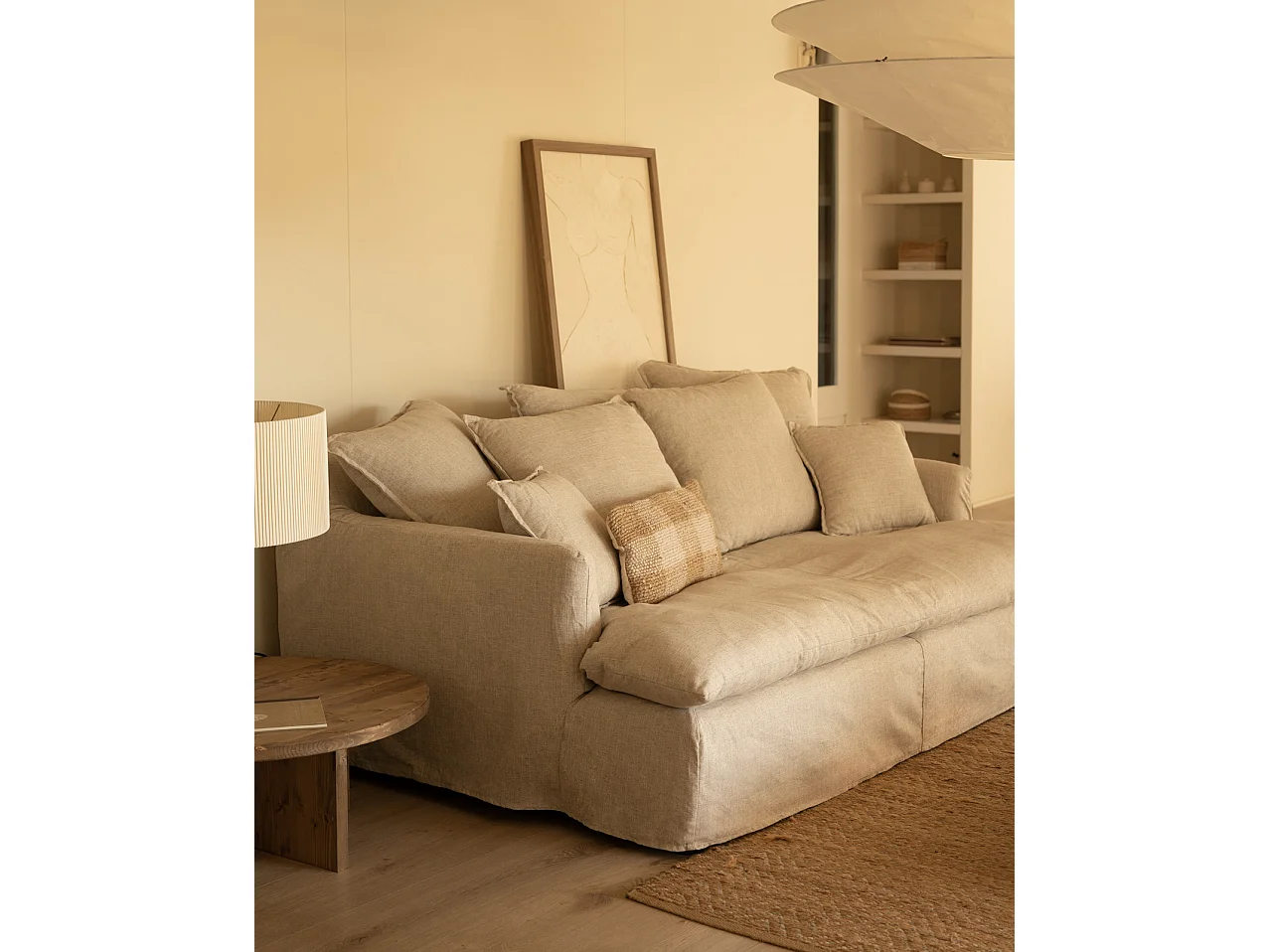 Sofá 2 plazas fondo medio de algodón y lino desenfundable beige 200x95x130cm - MIA - DECOWOOD