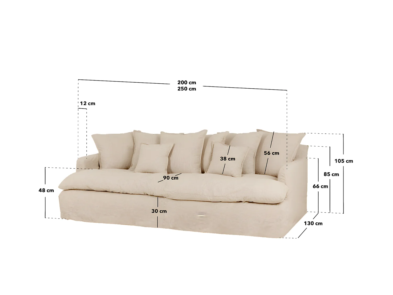 Sofá 2 plazas fondo medio de algodón y lino desenfundable beige 200x95x130cm - MIA - DECOWOOD