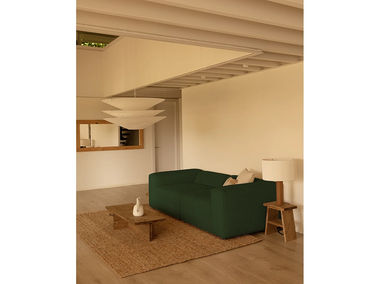 Sofá de 4 plazas de 2 módulos de bouclé color verde 240x70x110cm - BERTA - DECOWOOD