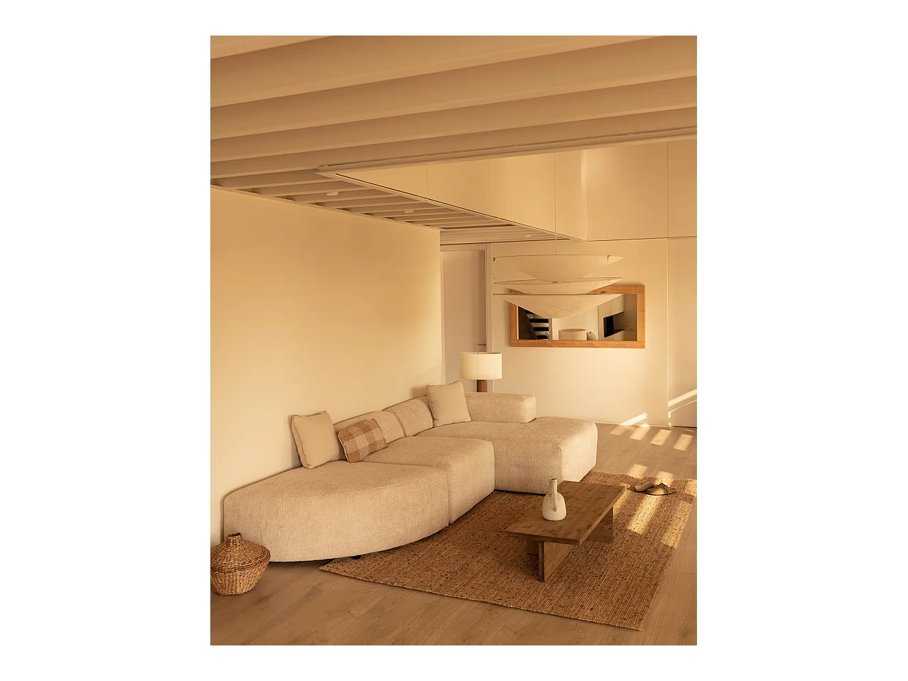 Canapé 5/6 places 3 modules courbe d'angle droit en bouclé beige