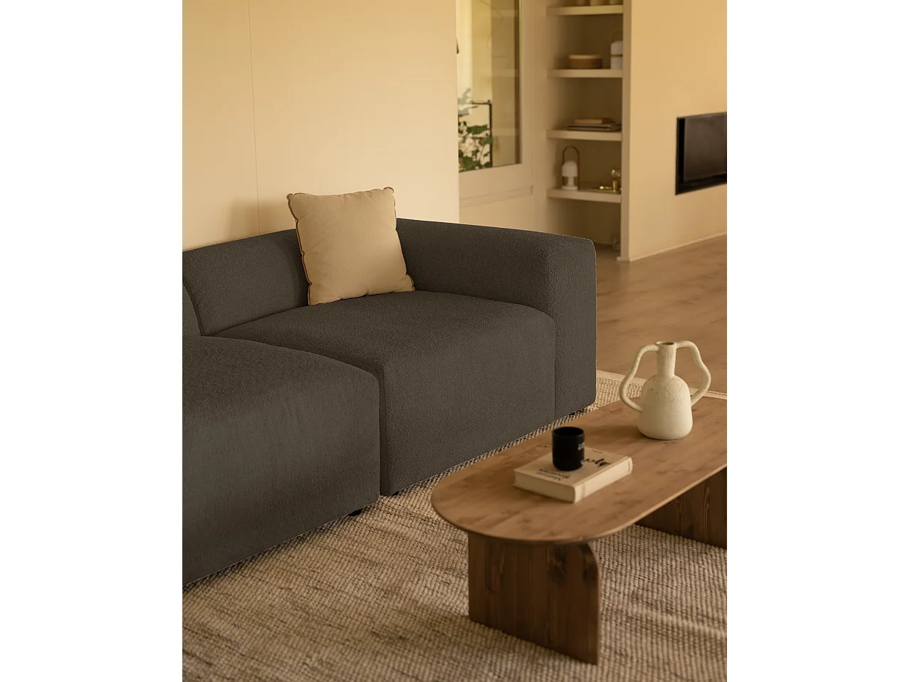 Sofá de 4 plazas de 2 módulos de bouclé color gris oscuro 240x70x110cm - BERTA - DECOWOOD