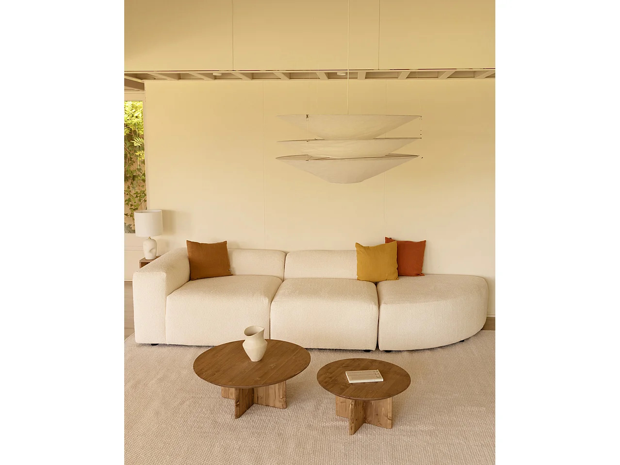 Divano a 3 moduli con curva a destra in bouclé bianco 320x110cm