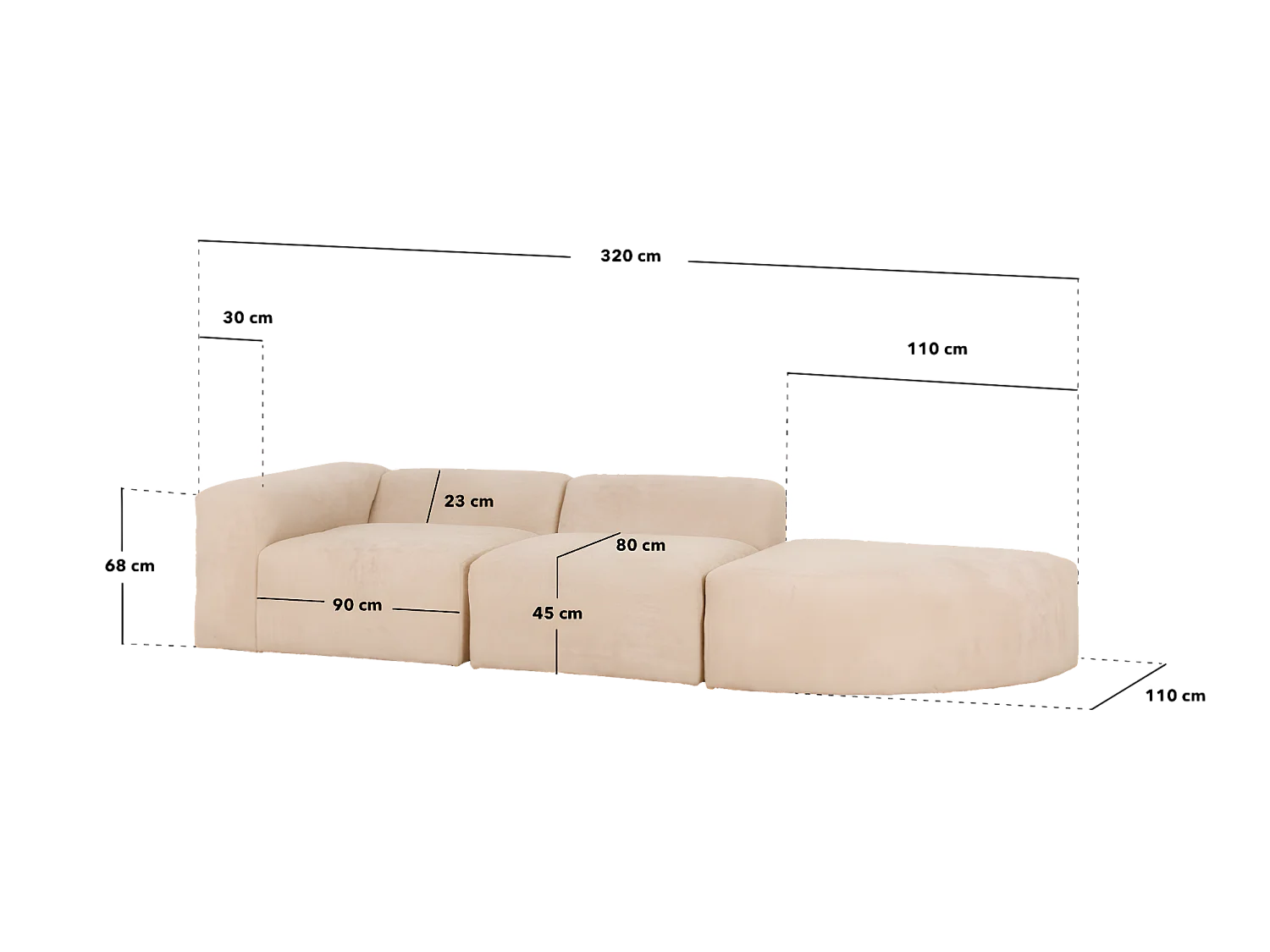 Sofá de 3 módulos con curva derecha de bouclé color blanco 320x70x110cm - BERTA - DECOWOOD