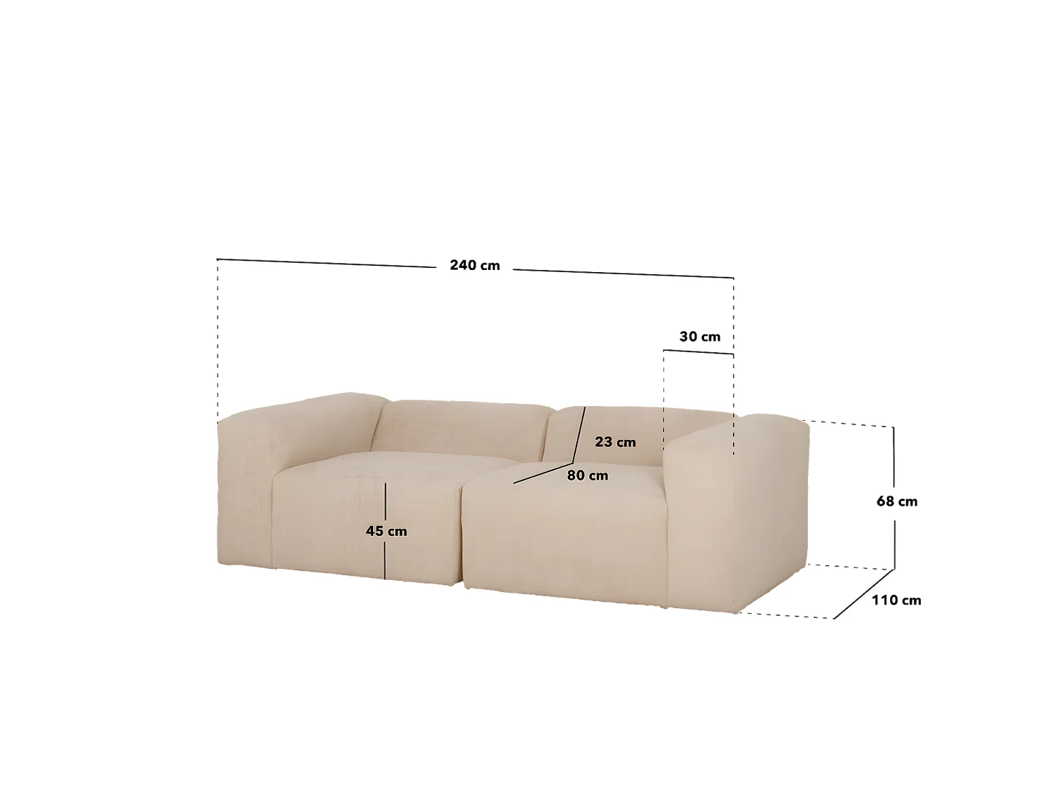 Divano a 2 moduli in bouclé bianco 240x110cm