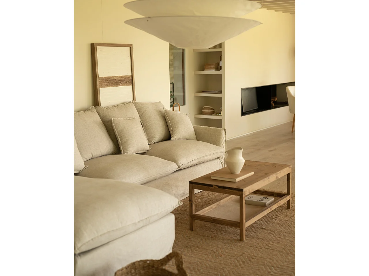 Sofá con chaise longue izquierdo desenfundable beige 4/5 plazas 310x95x170cm - MIA - DECOWOOD