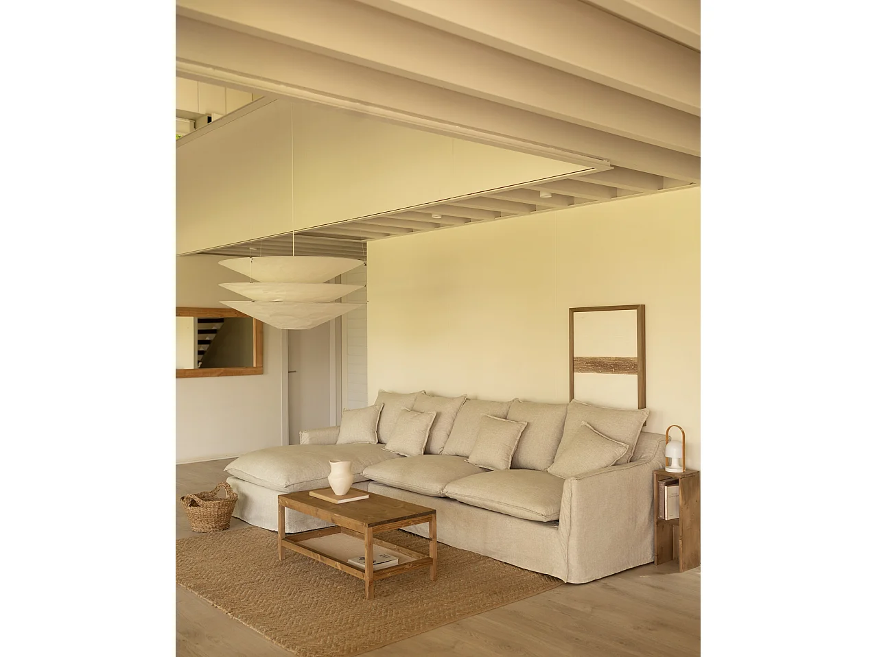 Canapé 4/5 places d'angle gauche en coton et lin déhoussable beige