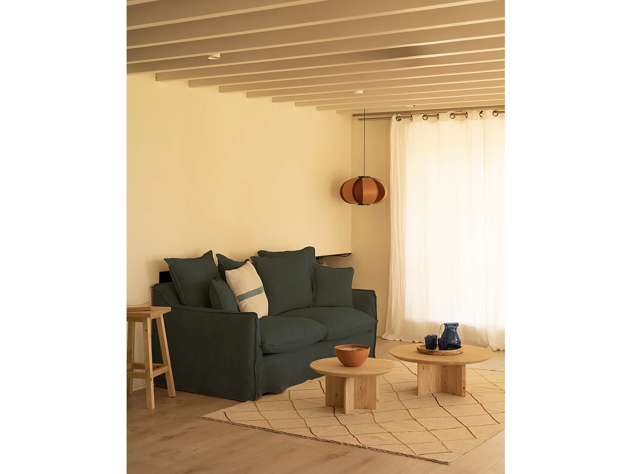 Sofá de 3/4 plazas de algodón y lino desenfundable color azul 220x95x100cm - MIA - DECOWOOD