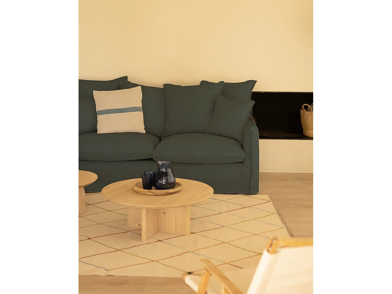 Sofá de 3/4 plazas de algodón y lino desenfundable color azul 220x95x100cm - MIA - DECOWOOD