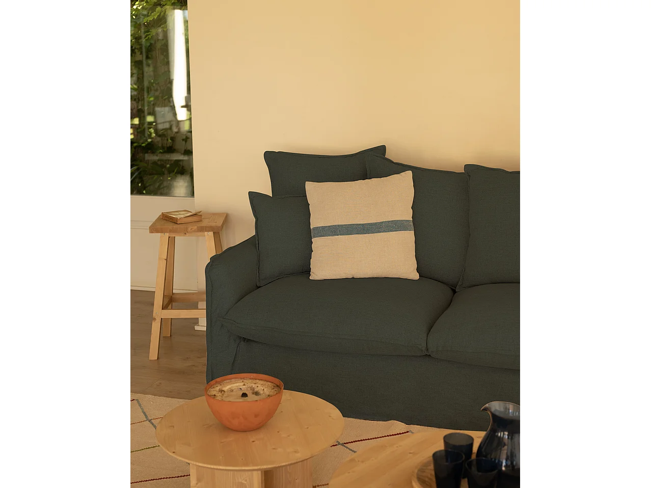 Sofá de 3/4 plazas de algodón y lino desenfundable color azul 220x95x100cm - MIA - DECOWOOD