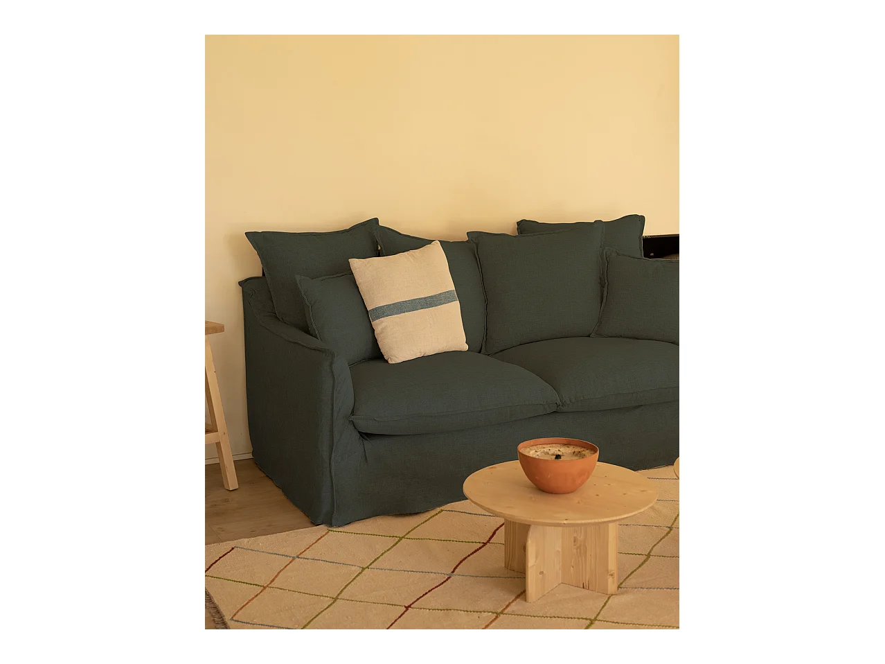 Canapé 3/4 places en coton et lin déhoussable couleur bleu