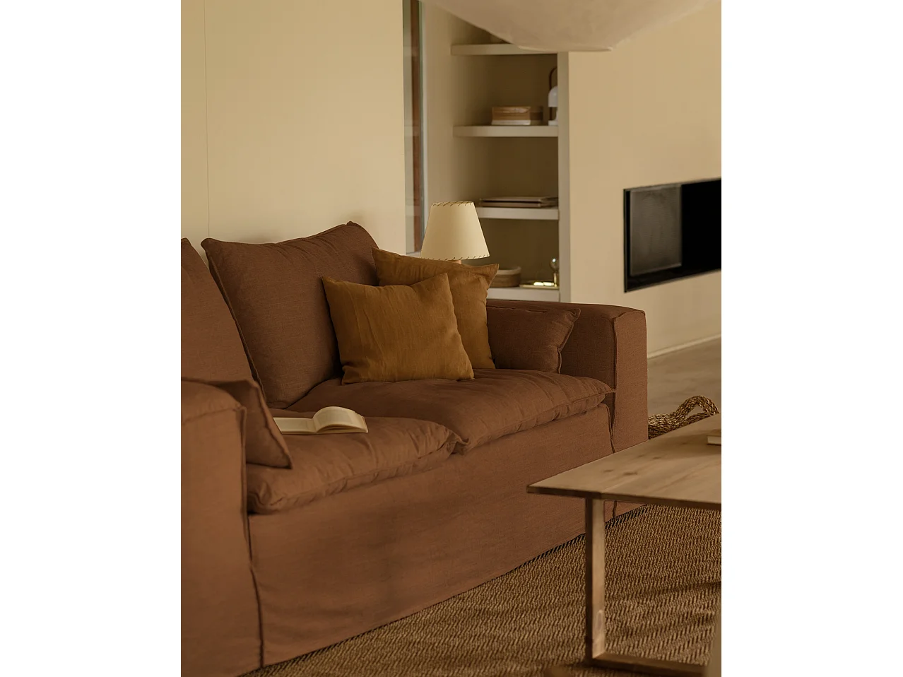 Sofá de 4 plazas de lino desenfundable color teja 260x90x110cm - VEGA - DECOWOOD