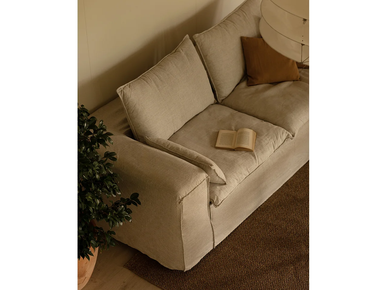 Sofá de 4 plazas de lino desenfundable color beige 260x90x110cm - VEGA - DECOWOOD