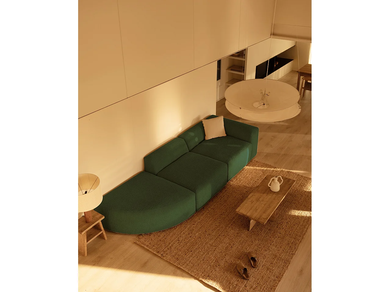 Sofá de 3 módulos con curva izquierda de bouclé color verde 320x70x110cm - BERTA - DECOWOOD