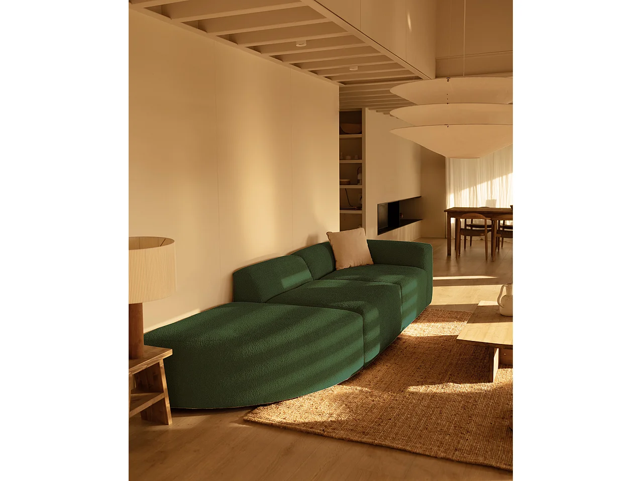 Sofá de 3 módulos con curva izquierda de bouclé color verde 320x70x110cm - BERTA - DECOWOOD