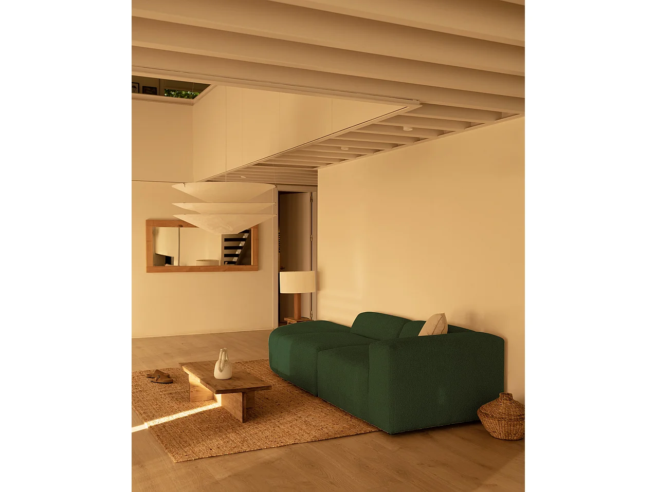 Sofá de 3 módulos con curva izquierda de bouclé color verde 320x70x110cm - BERTA - DECOWOOD