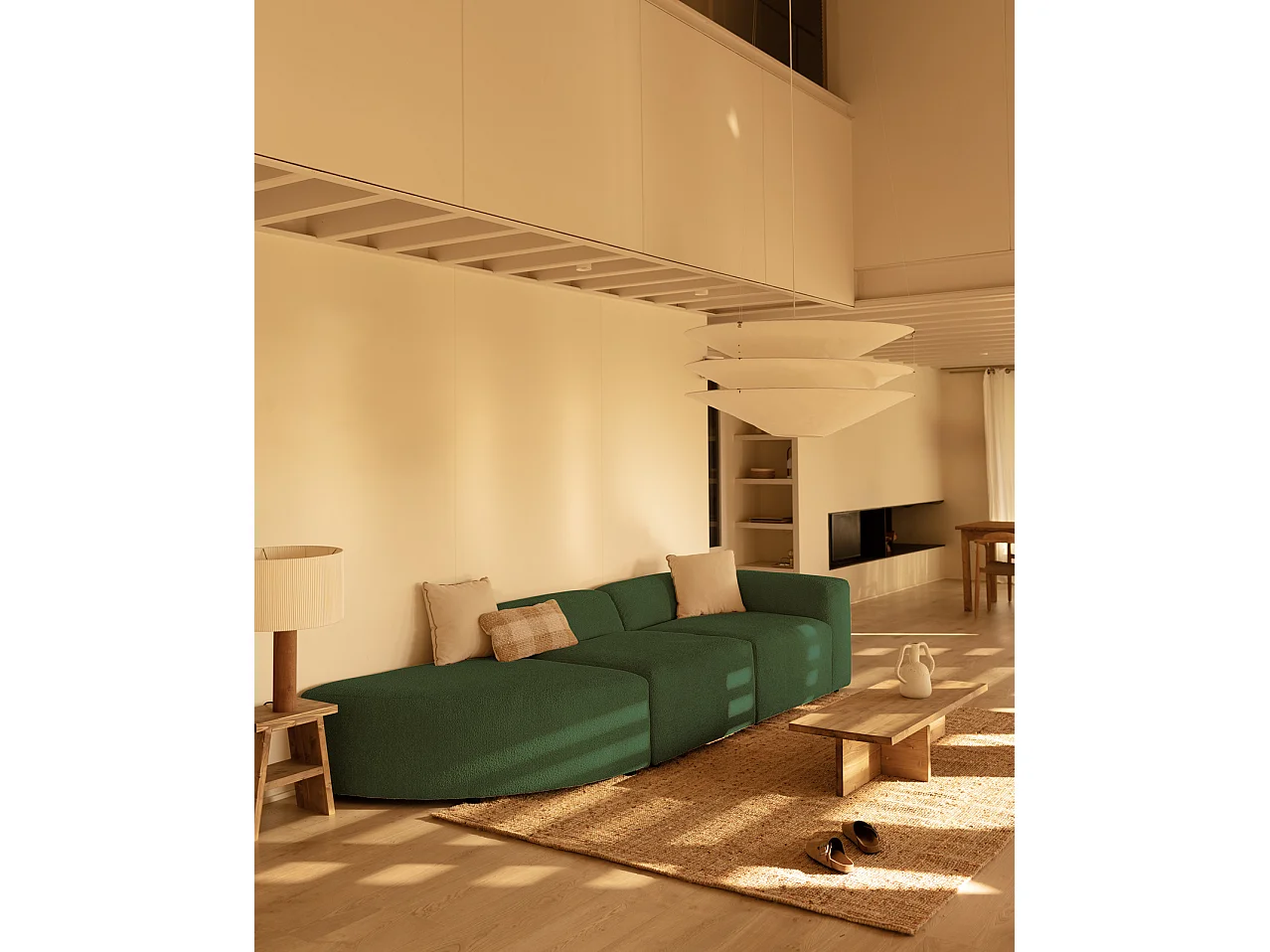 Divano a 3 moduli con curva a sinistra in bouclé verde 320x110cm