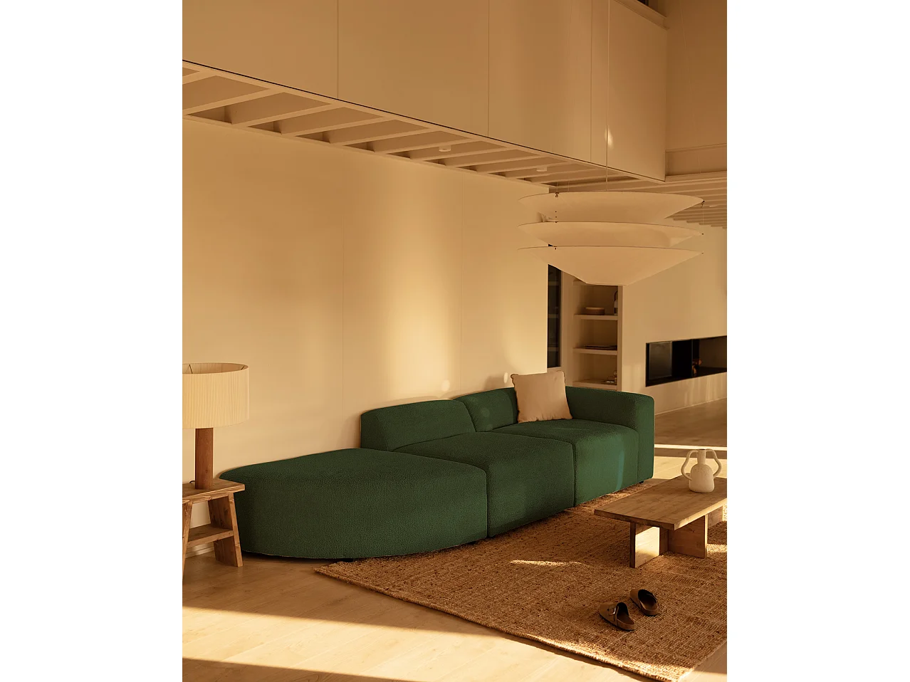 Divano a 3 moduli con curva a sinistra in bouclé verde 320x110cm