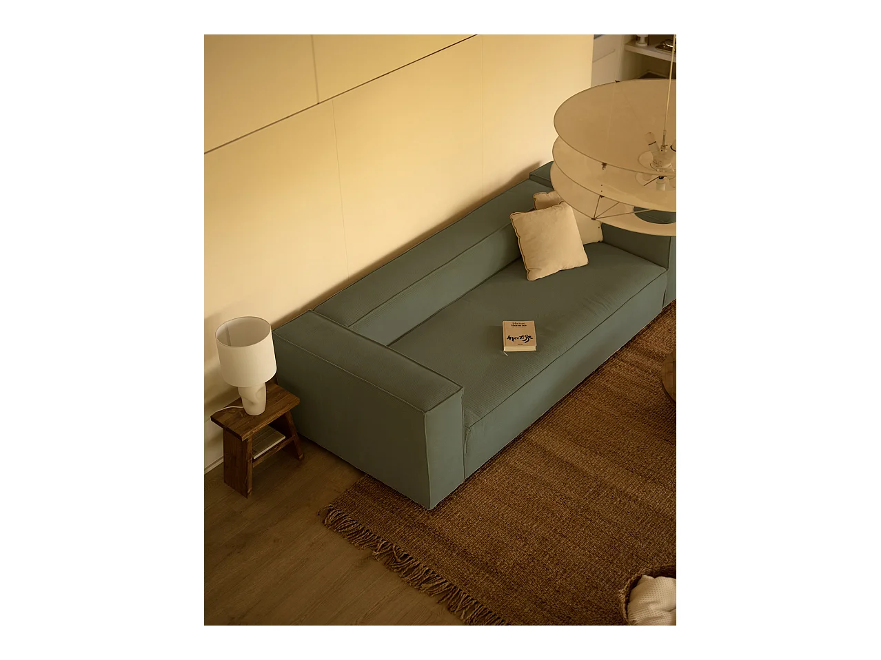Canapé 4 places en velours côtelé couleur bleu-vert - DECOWOOD