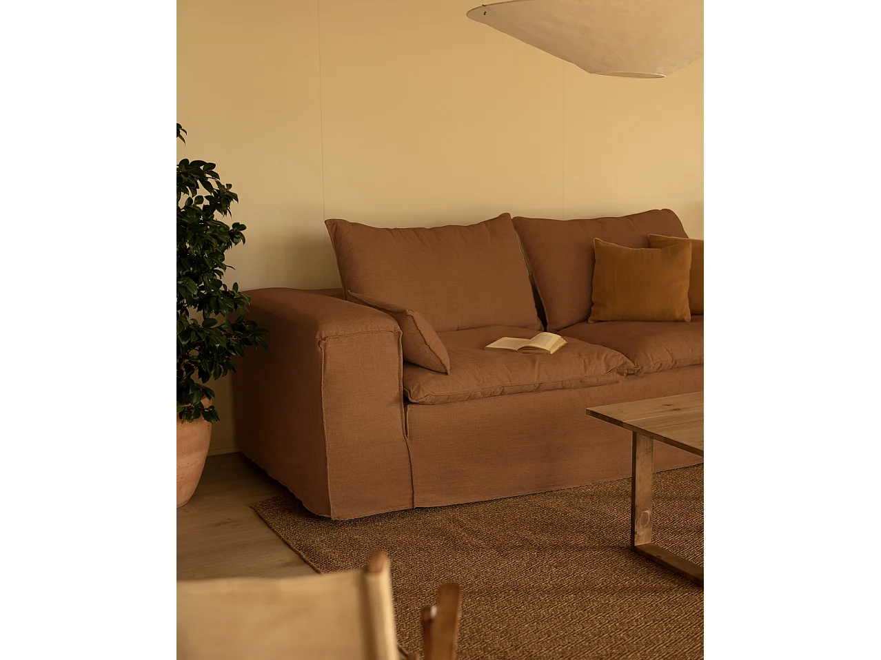 Sofá de 3/4 plazas de lino desenfundable color teja 210x90x110cm - VEGA - DECOWOOD