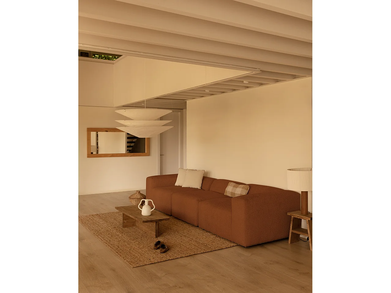 Sofá de 5/6 plazas de 3 módulos de bouclé color cobre 330x70x110cm - BERTA - DECOWOOD