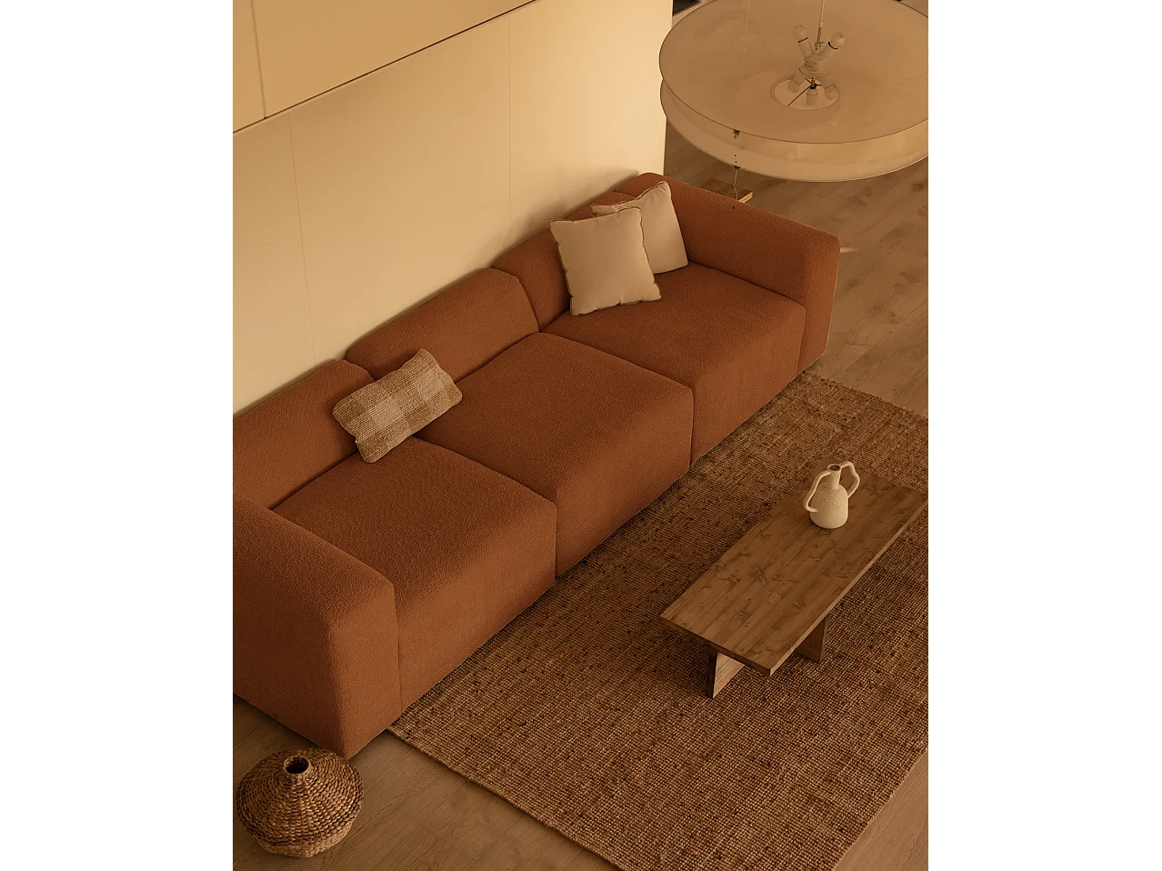 Sofá de 5/6 plazas de 3 módulos de bouclé color cobre 330x70x110cm - BERTA - DECOWOOD