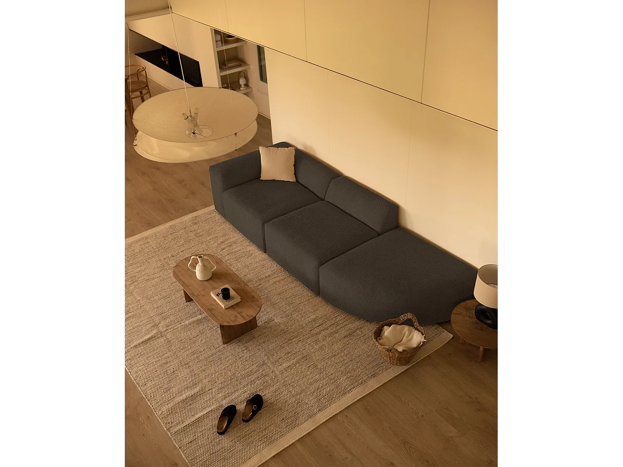 Sofá de 3 módulos con curva derecha de bouclé color gris oscuro 320x70x110cm - BERTA - DECOWOOD