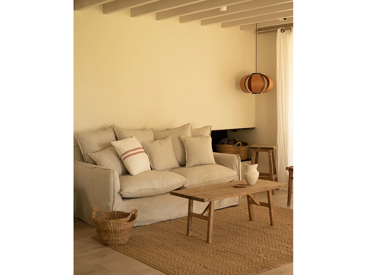 Canapé 3 places en coton et lin déhoussable couleur beige