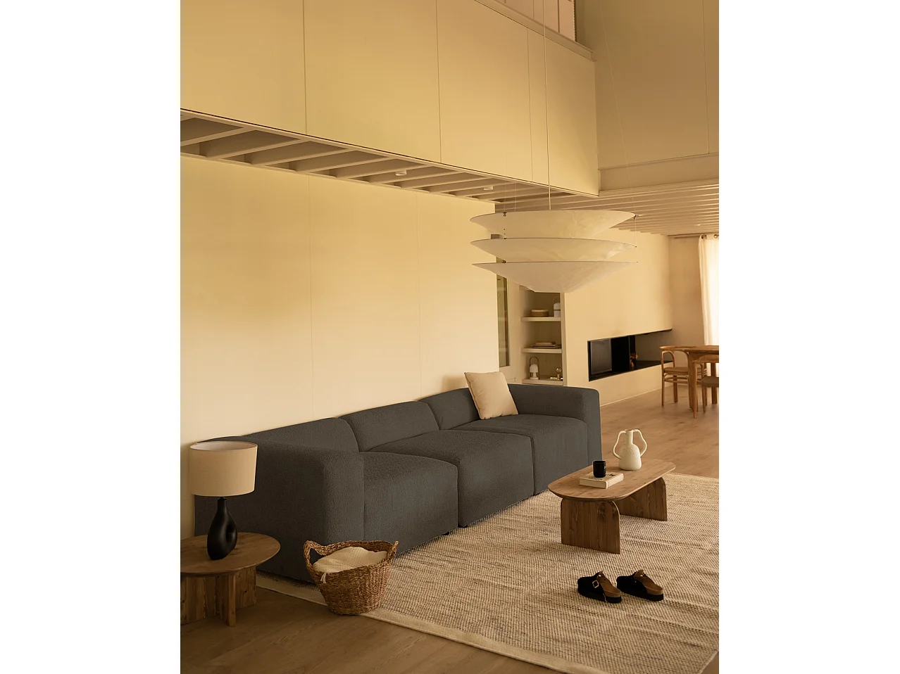 Sofá de 5/6 plazas de 3 módulos de bouclé color gris oscuro 330x70x110cm - BERTA - DECOWOOD