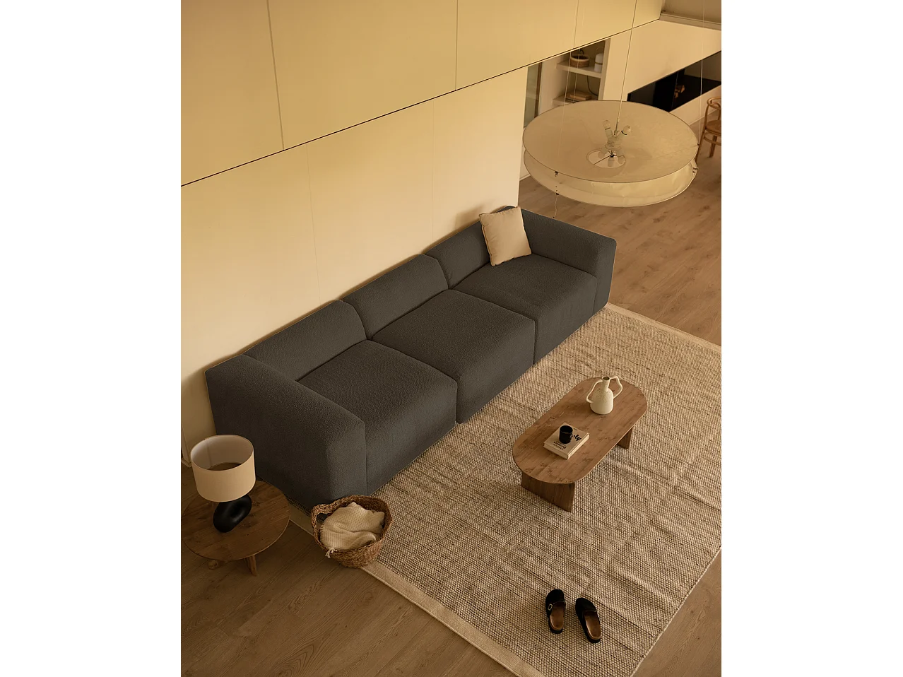 Sofá de 5/6 plazas de 3 módulos de bouclé color gris oscuro 330x70x110cm - BERTA - DECOWOOD
