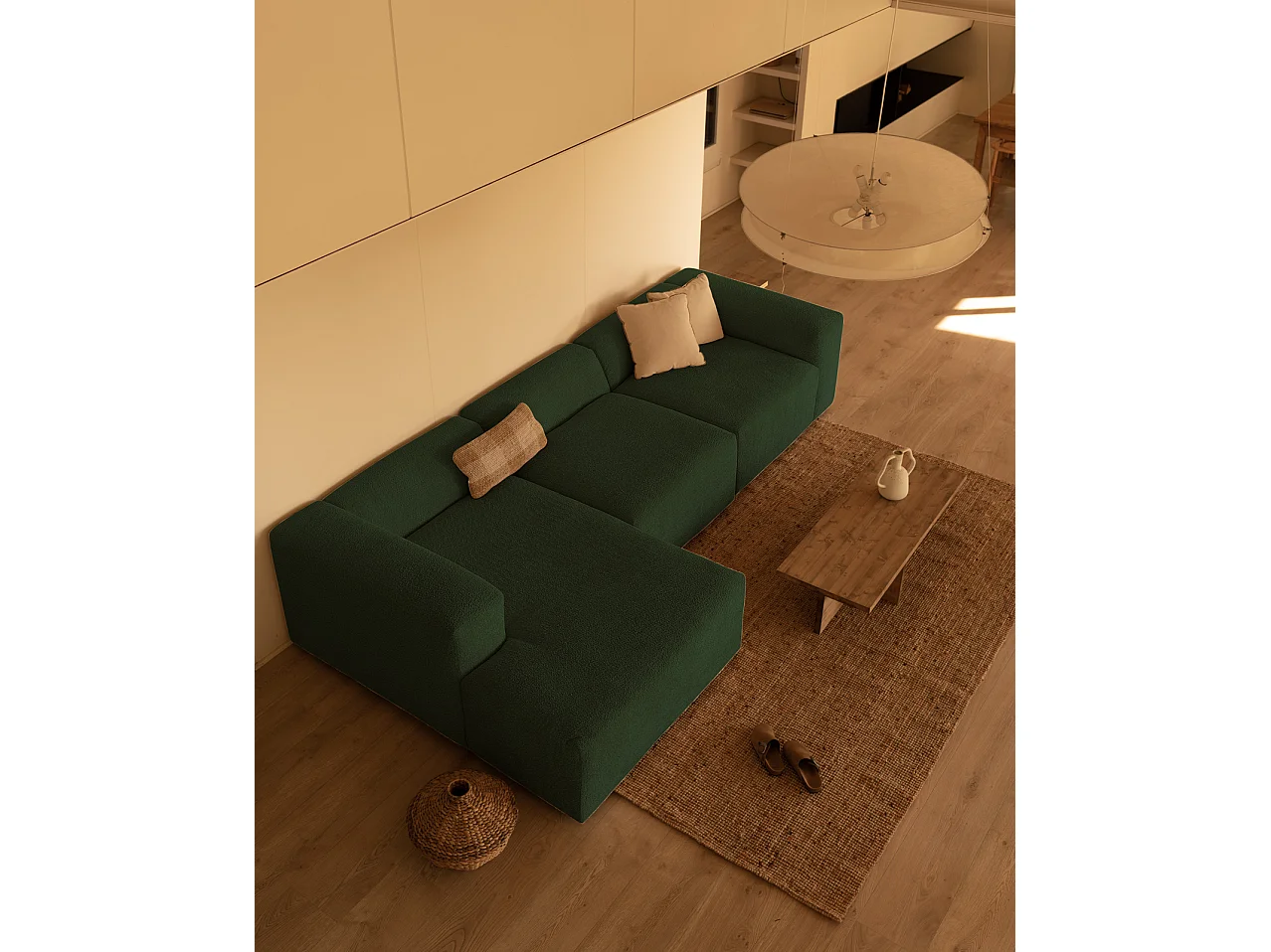 Sofá de 3 módulos con chaise longue izquierdo de bouclé verde 330x70x172cm - BERTA - DECOWOOD