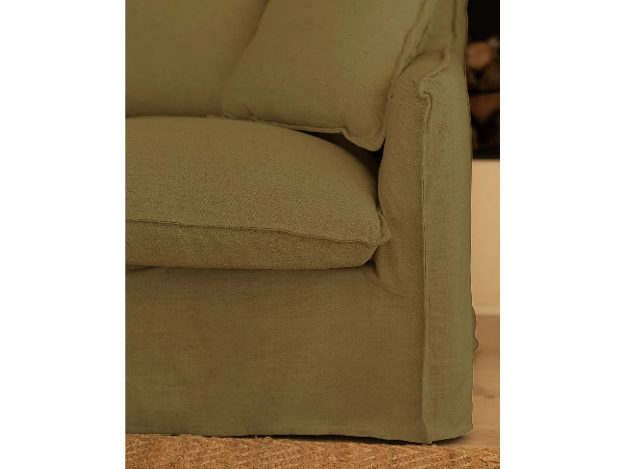 Sofá de 3/4 plazas de algodón y lino desenfundable color verde 220x95x100cm - MIA - DECOWOOD