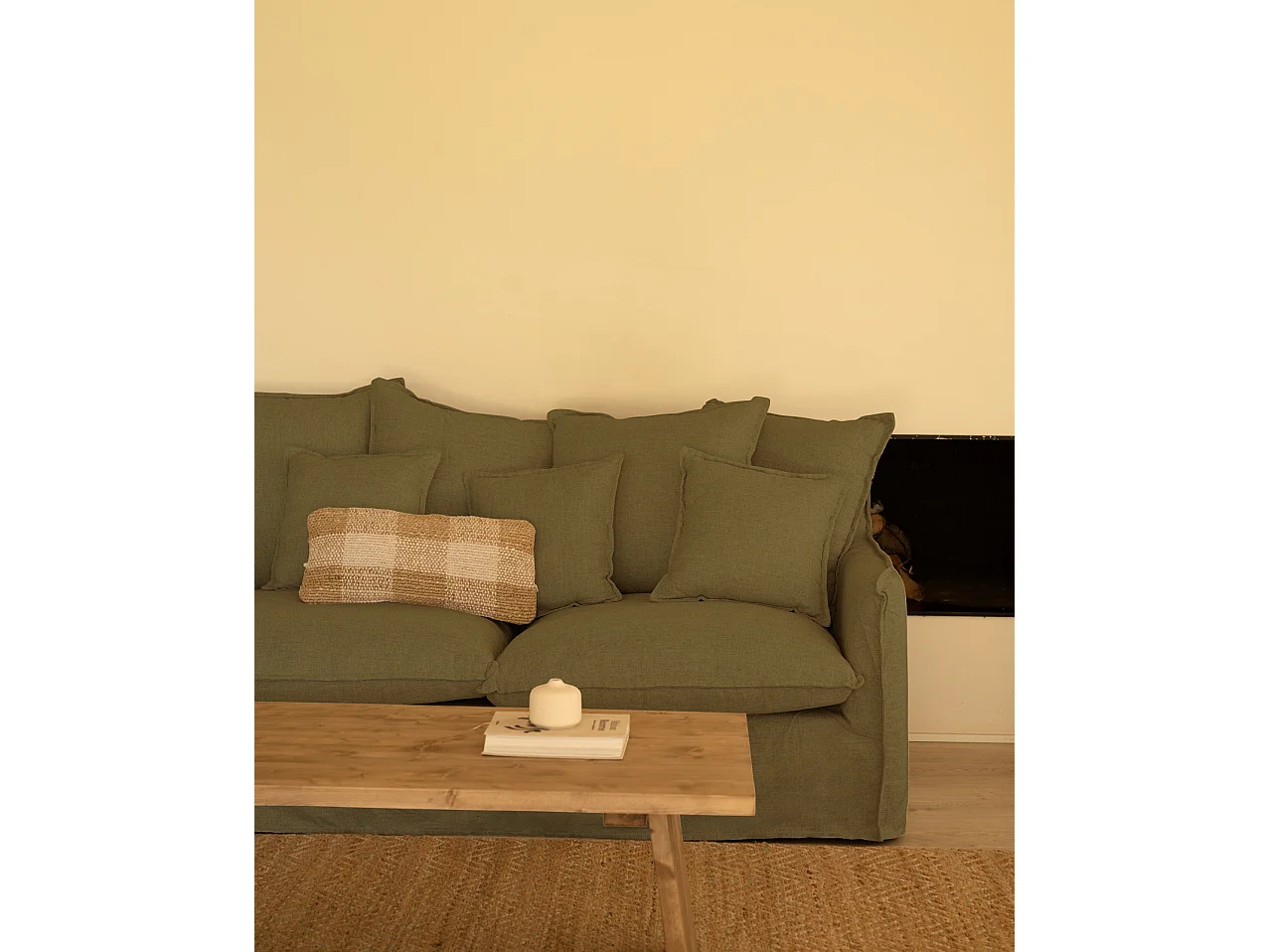 Sofá de 3/4 plazas de algodón y lino desenfundable color verde 220x95x100cm - MIA - DECOWOOD