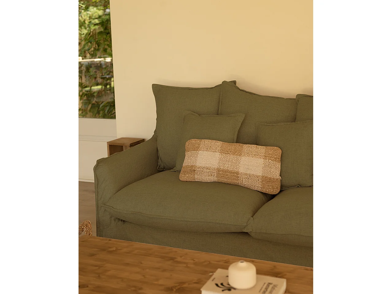 Sofá de 3/4 plazas de algodón y lino desenfundable color verde 220x95x100cm - MIA - DECOWOOD