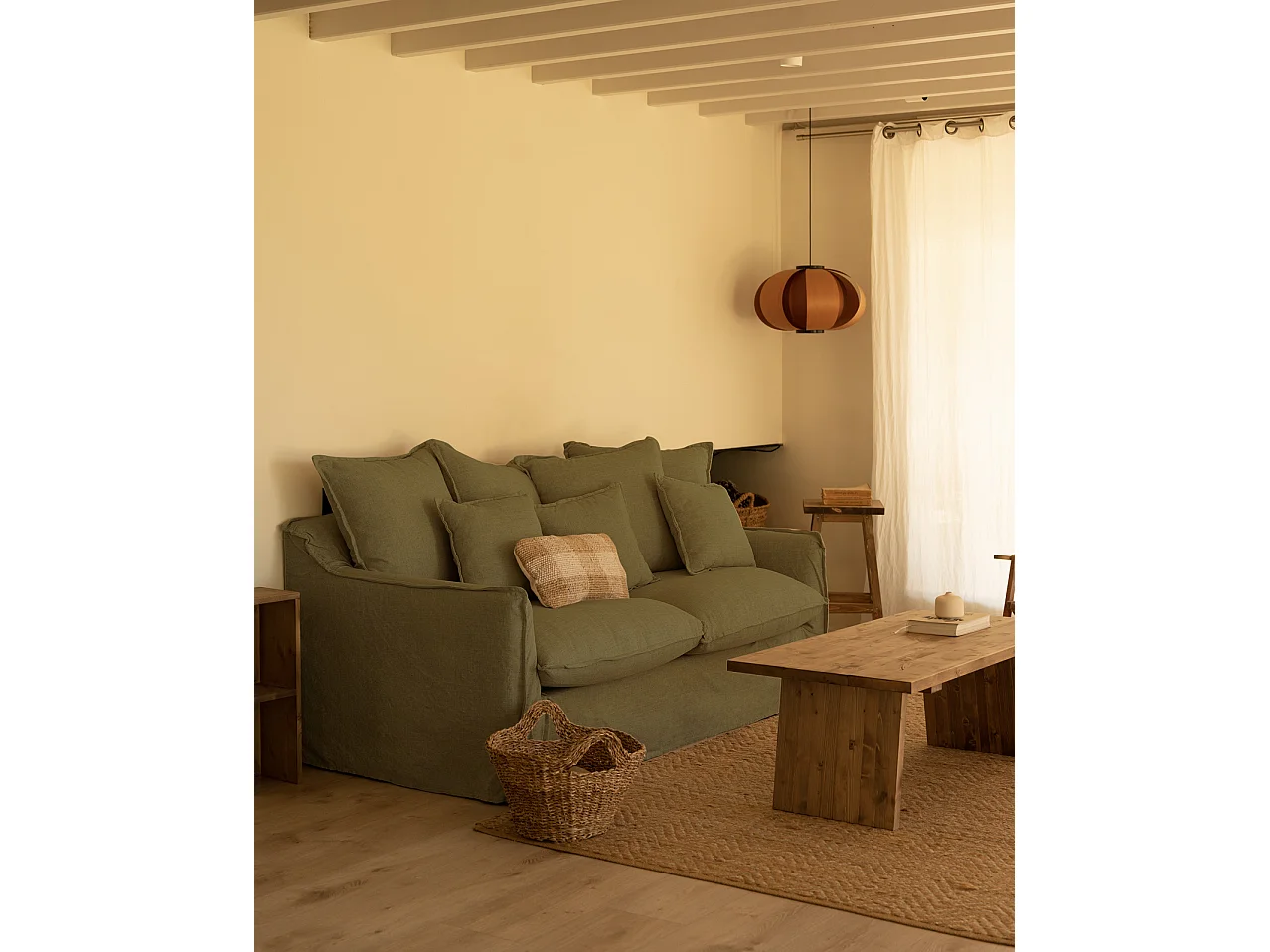 Sofá de 3/4 plazas de algodón y lino desenfundable color verde 220x95x100cm - MIA - DECOWOOD