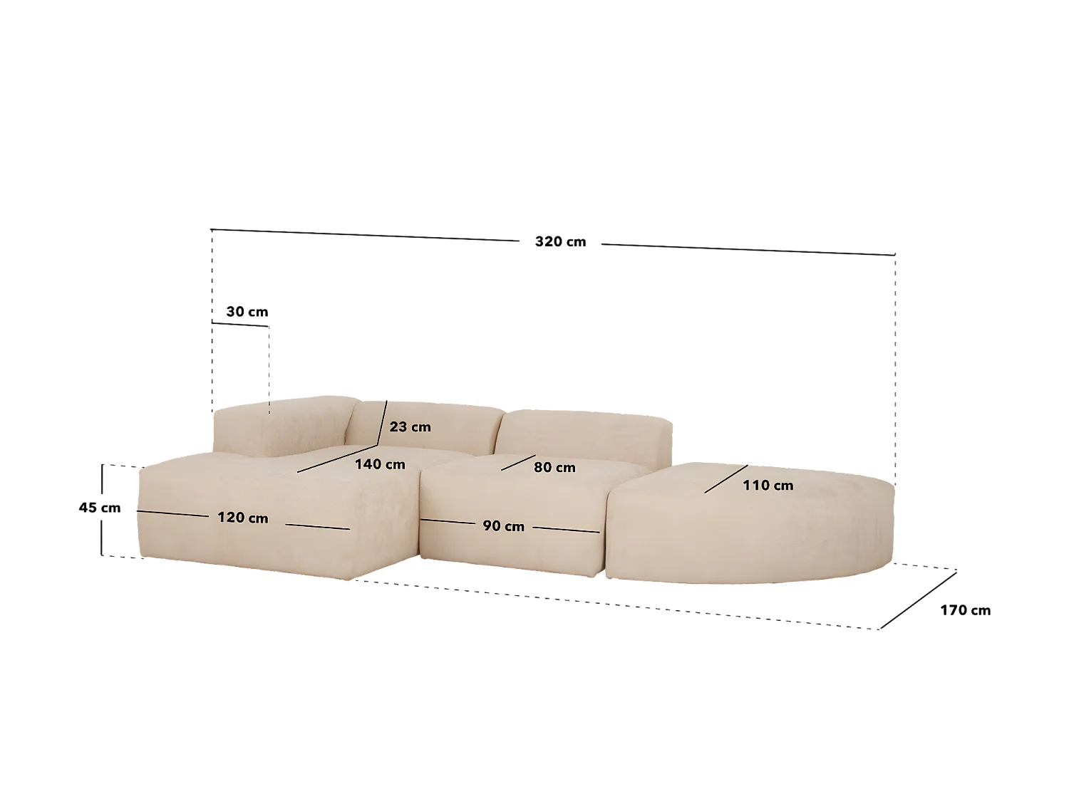 Canapé 5/6 places 3 modules courbe d'angle droit en bouclé blanc
