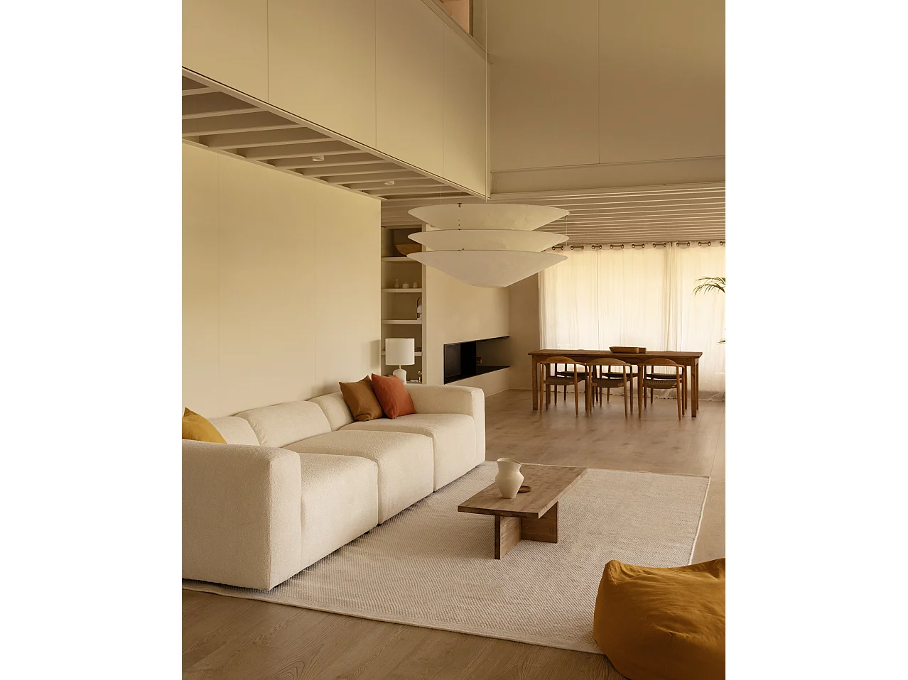Sofá de 5/6 plazas de 3 módulos de bouclé color blanco 330x70x110cm - BERTA - DECOWOOD