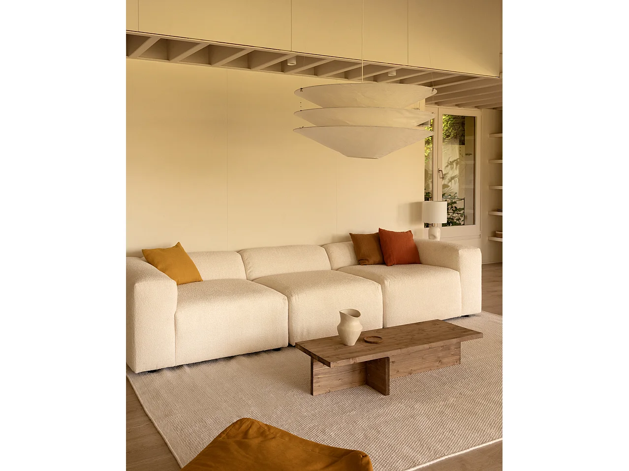 Sofá de 5/6 plazas de 3 módulos de bouclé color blanco 330x70x110cm - BERTA - DECOWOOD