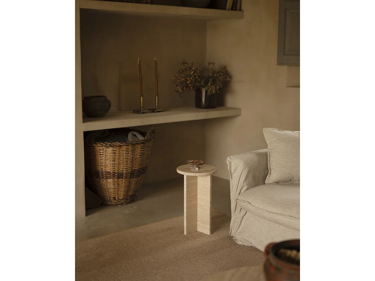 Mesa auxiliar redonda de mármol travertino DECOWOOD de Ø28x45cm - TOSCANA - DECOWOOD