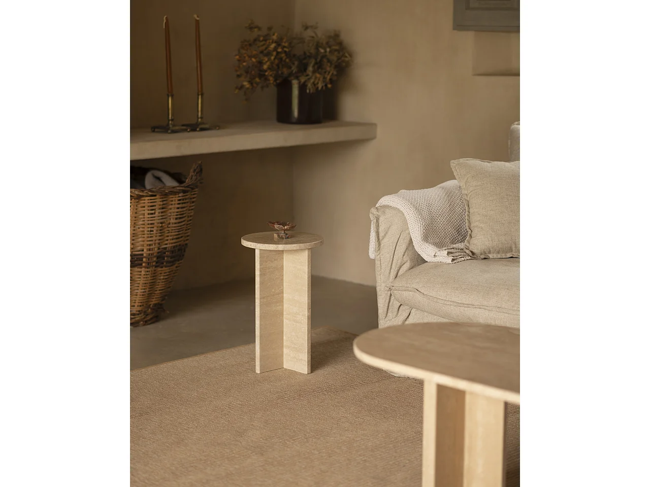 Mesa auxiliar redonda de mármol travertino DECOWOOD de Ø28x45cm - TOSCANA - DECOWOOD