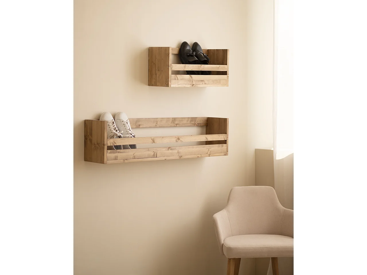 Étagère à chaussures en bois de sapin ton vieilli 103,5x25cm - BOX - DECOWOOD