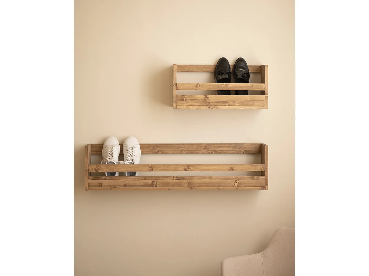 Étagère à chaussures en bois de sapin ton vieilli 103,5x25cm - BOX - DECOWOOD