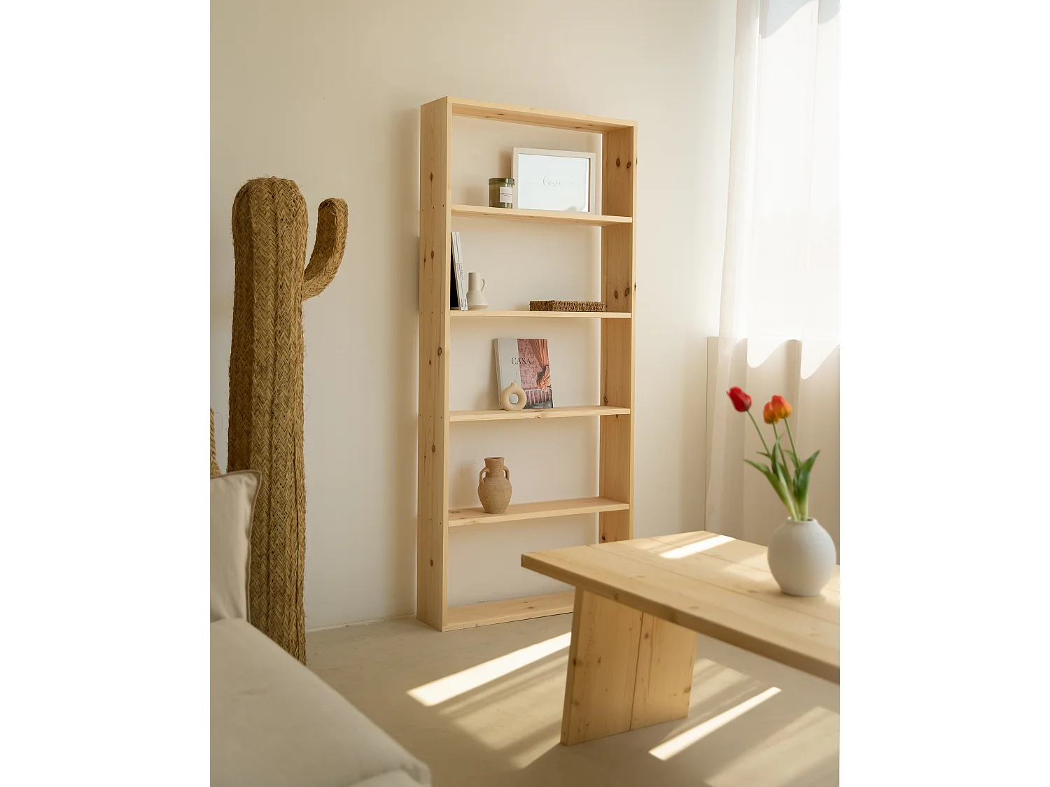 Estantería de madera maciza con 4 estantes natural - SAURA - DECOWOOD