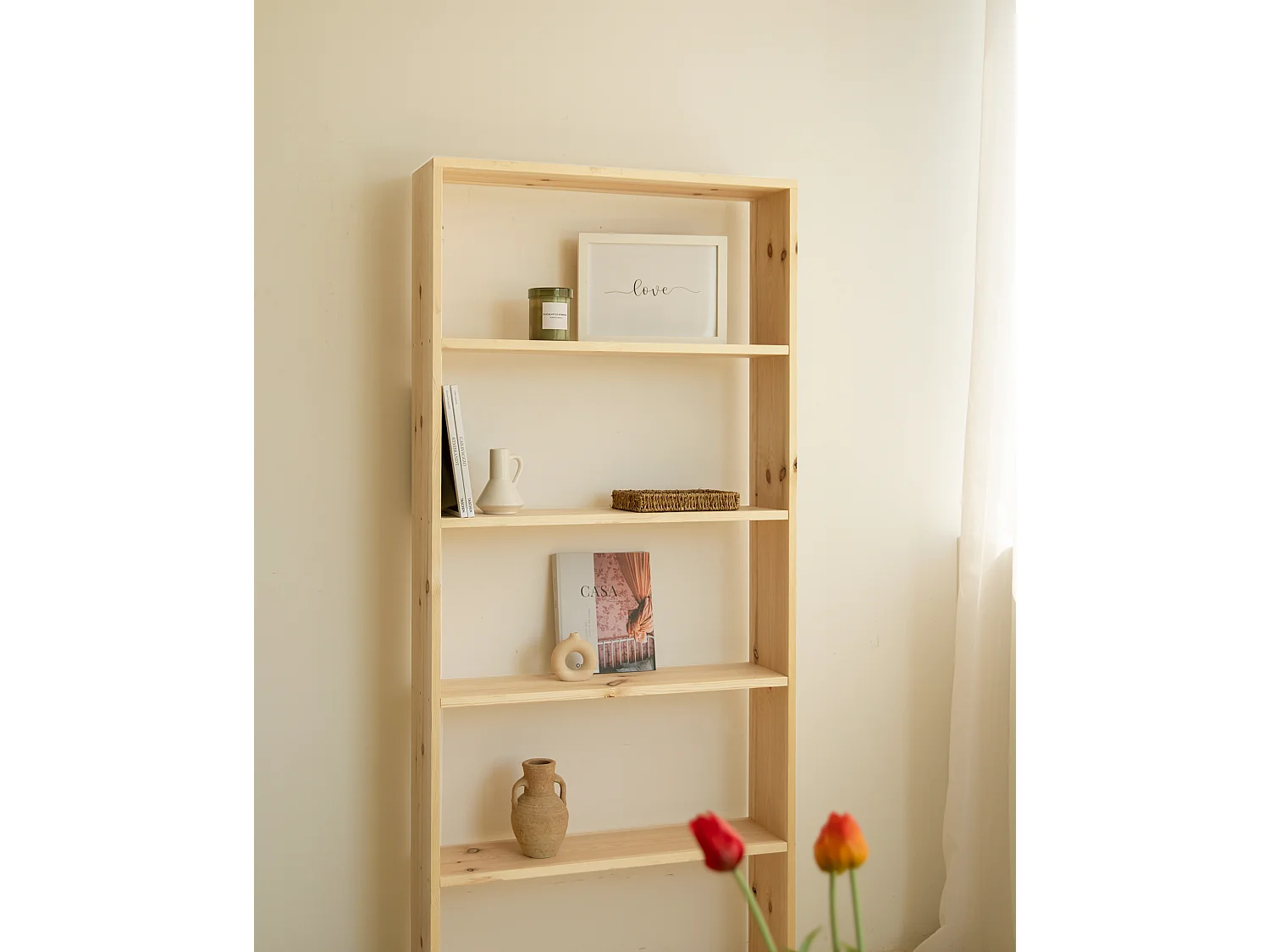 Estantería de madera maciza con 4 estantes natural - SAURA - DECOWOOD