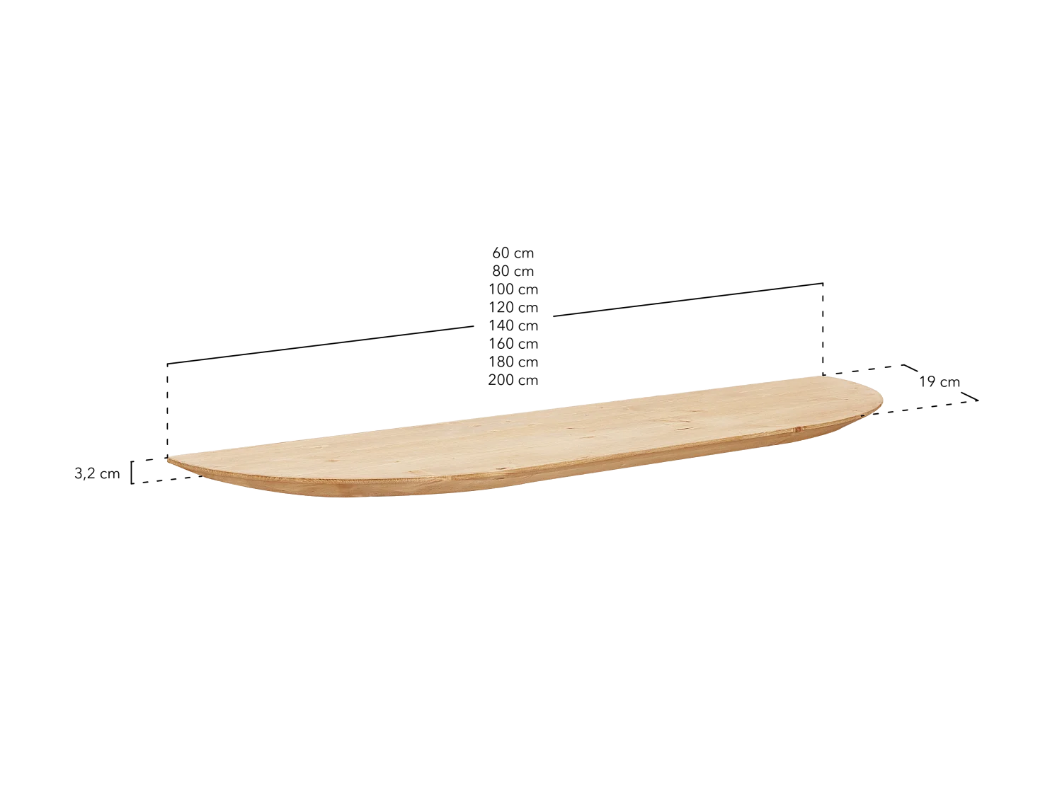 Set 2 ripiani arrotondati in legno massello in tono noce 140x3,2x19,65cm - BLOOM - DECOWOOD