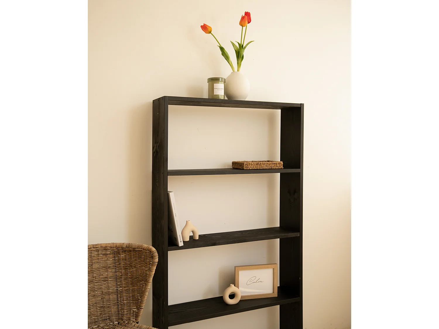 Estantería de madera maciza con 3 estantes negro - SAURA - DECOWOOD