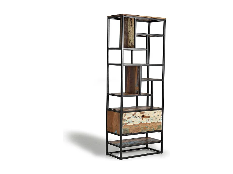 Étagère en bois recyclé et métal de couleur foncée