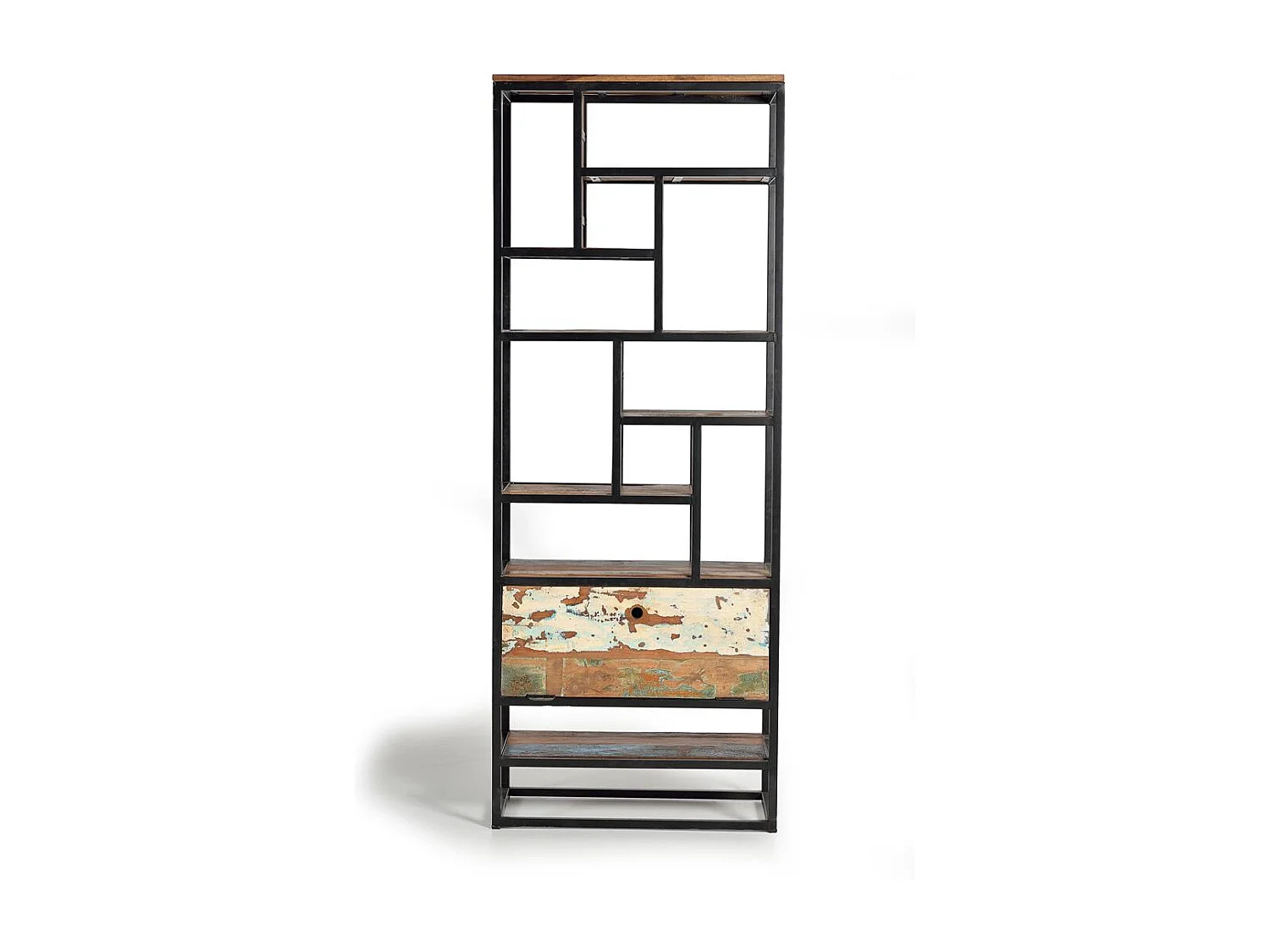 Étagère en bois recyclé et métal de couleur foncée