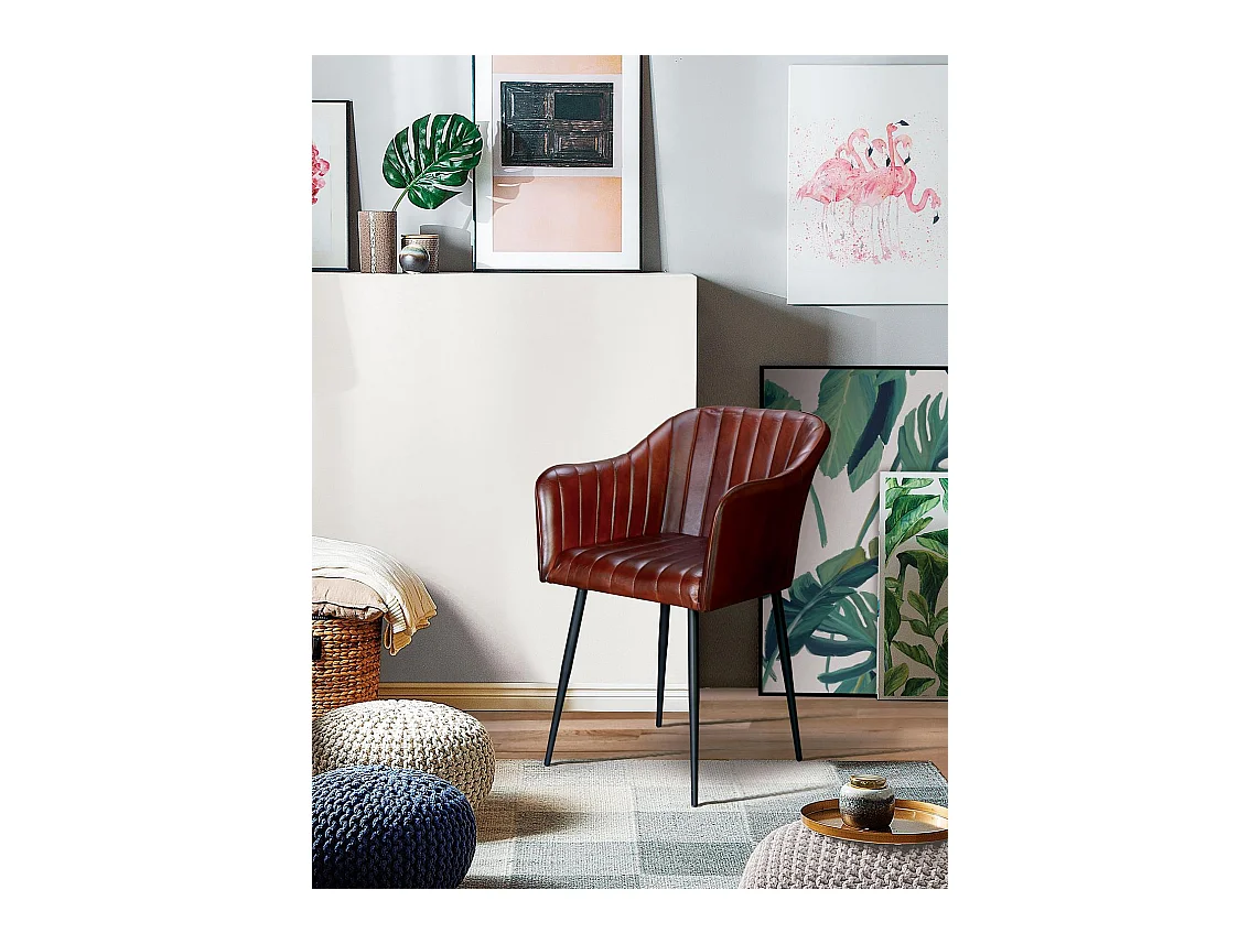 Silla cuero natural con patas de metal color marrón Marrón.Giner y Colomer 82x56x55