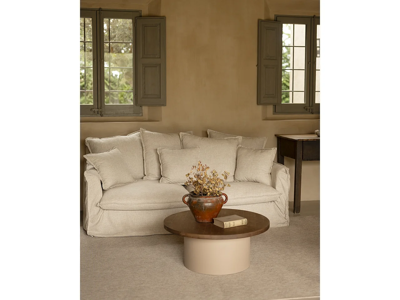 Tavolino rotondo in legno marrone e gamba microcemento terra 80x33cm